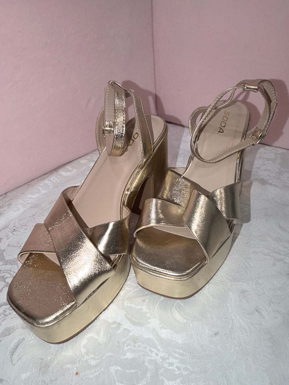 Soda Gold Metallic Crisscross Platform Block Heel Sandals Size 10